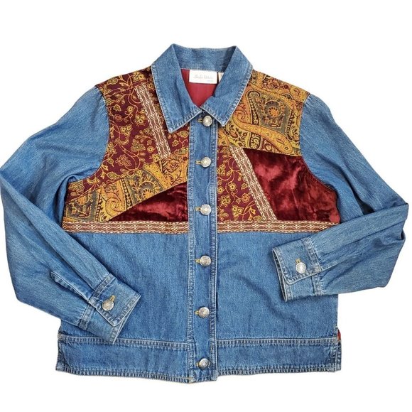 Vintage Jackets & Blazers - Vintage 90s Denim Velvet Tapestry‎ Jacket Patchwork Blue Paisley Sz Small Petite